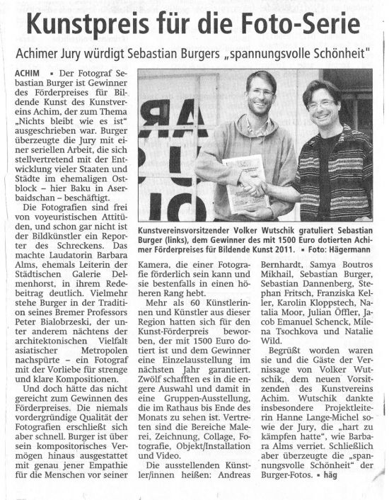 Das Achimer Kreisblatt vom 4.10.2011 über den Achimer Förderpreis für Bildende Kunst