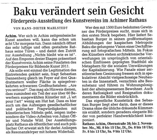 Der Weser Kurier vom 11.10.2011 über den Achimer Förderpreis für Bildende Kunst